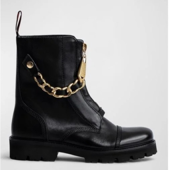 Zadig & Voltaire Joe Cecilia leather combat moto boots with gold chain NWT 37/6 - Picture 5 of 17